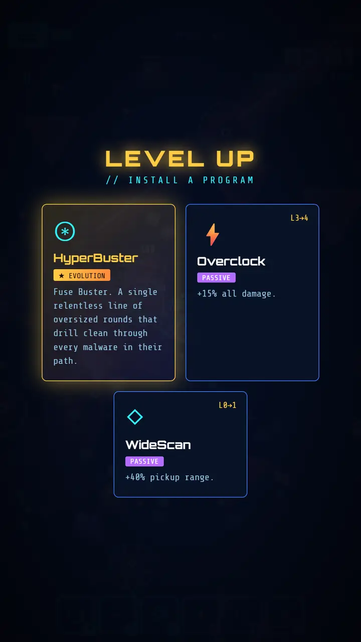 NetAgents Survivors level-up screen offering HyperBuster, Overclock and WideScan