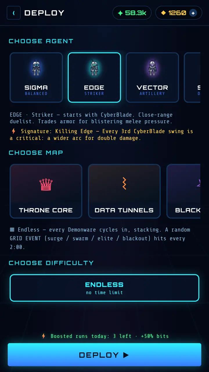 NetAgents Survivors deploy screen: choose agent, map and difficulty