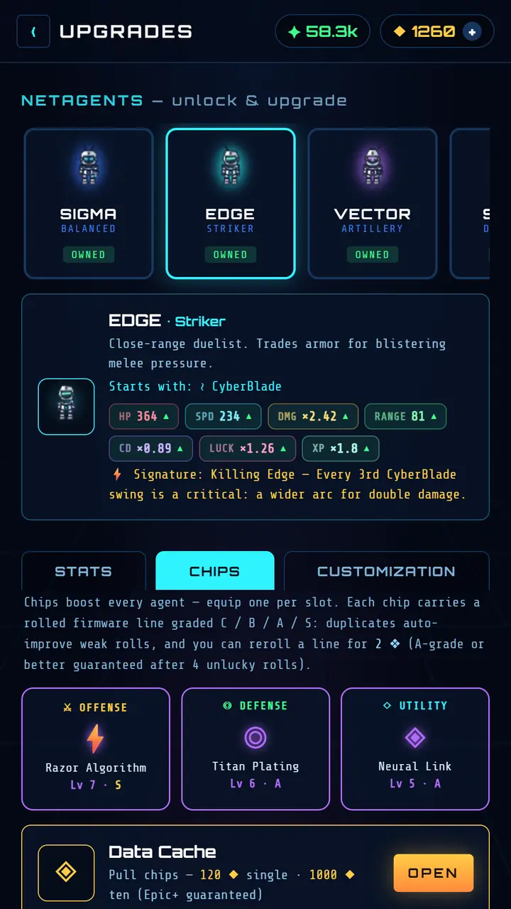 NetAgents Survivors chips screen with graded firmware rolls