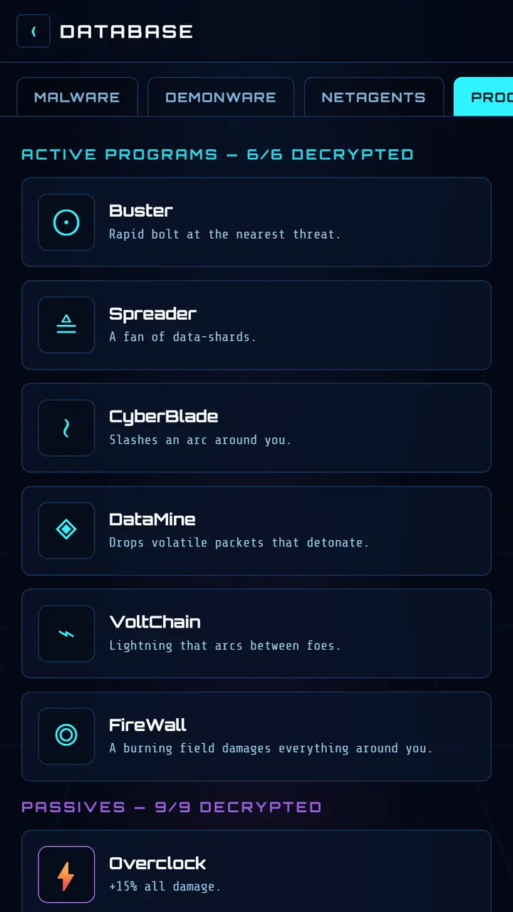 NetAgents Survivors in-game database of programs