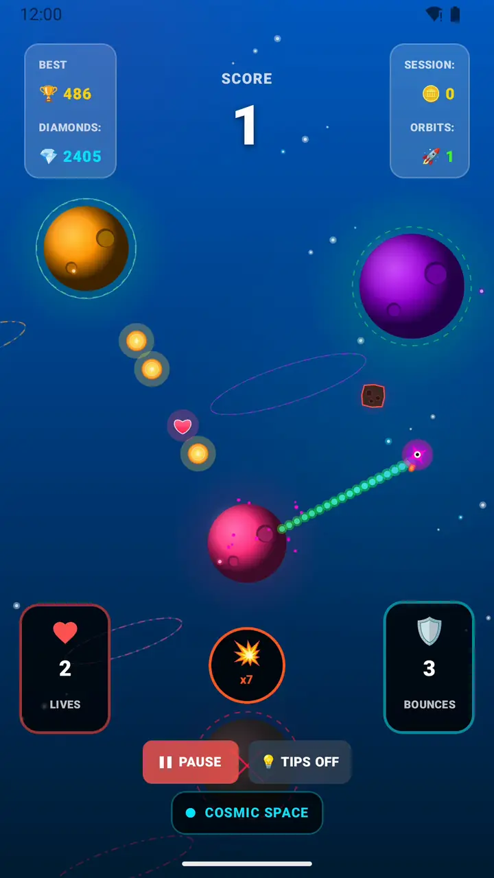 Orbit Jumper: the ship orbits a planet with the aim line extended