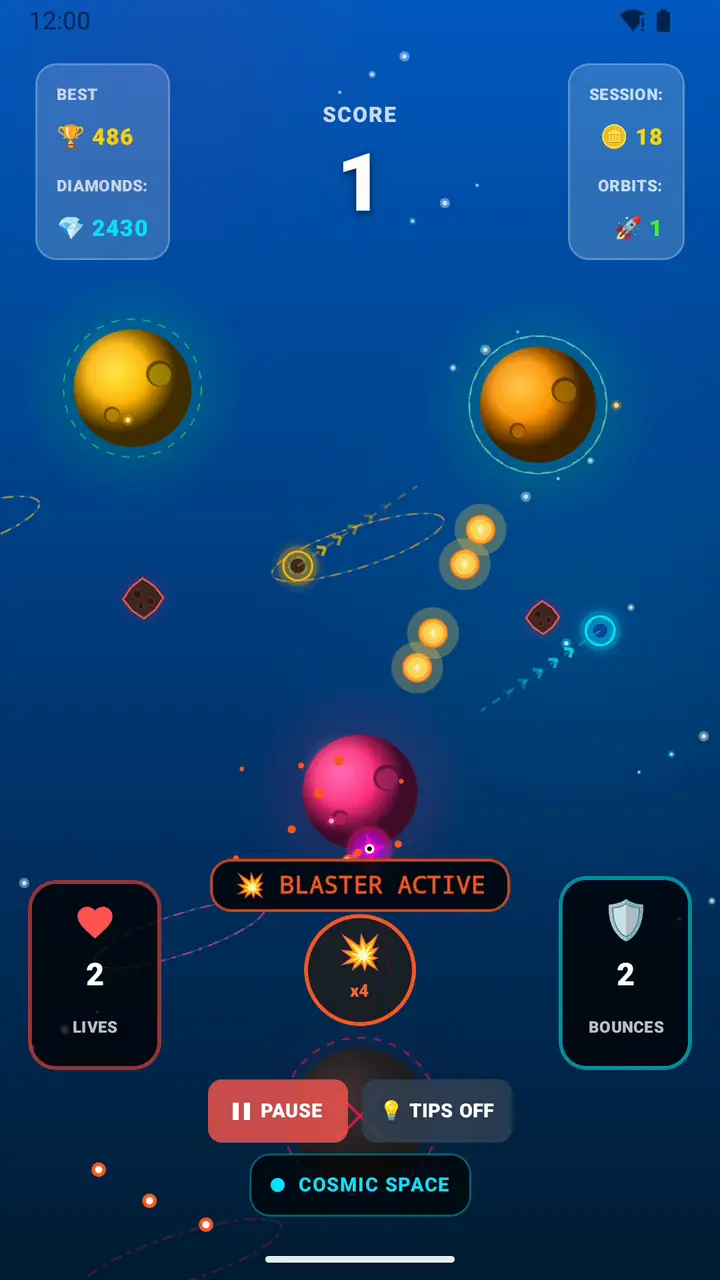 Orbit Jumper: the Blaster skill firing, marked BLASTER ACTIVE