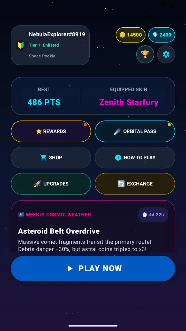 Orbit Jumper menu showing the weekly cosmic event Asteroid Belt Overdrive