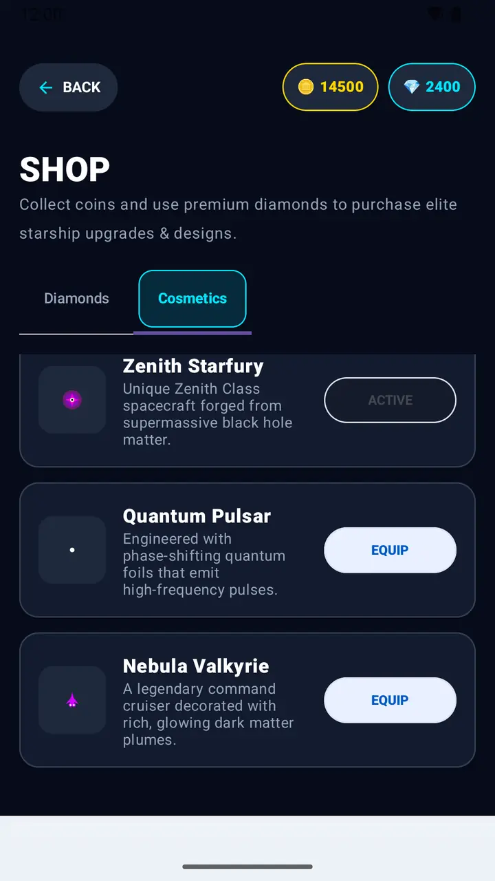 Orbit Jumper shop showing the ships Zenith Starfury, Quantum Pulsar and Nebula Valkyrie