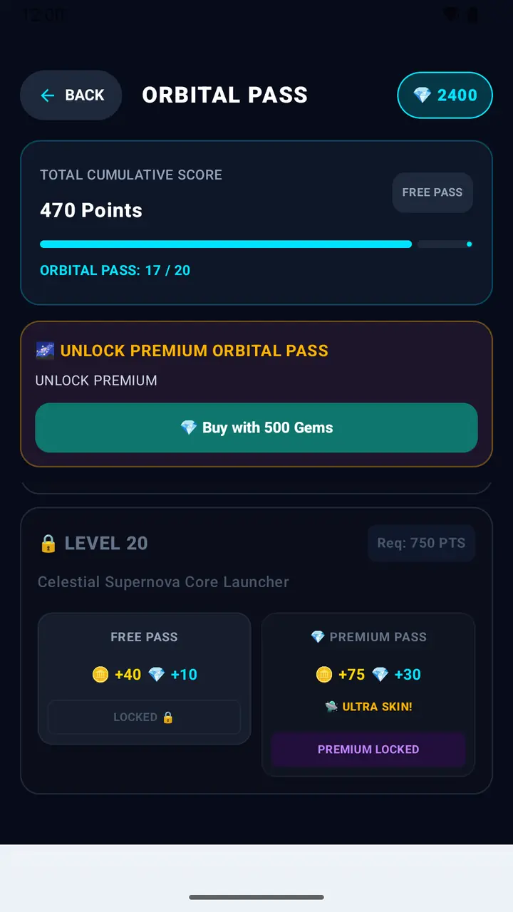 Orbit Jumper Orbital Pass screen with tiers unlocked